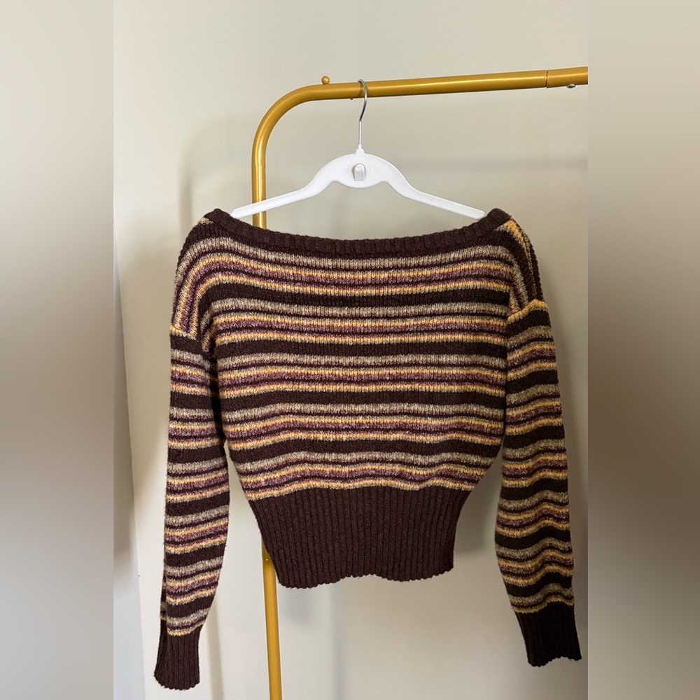 PacSun Striped Brown Boatneck Off Shoulder Sweater - Women